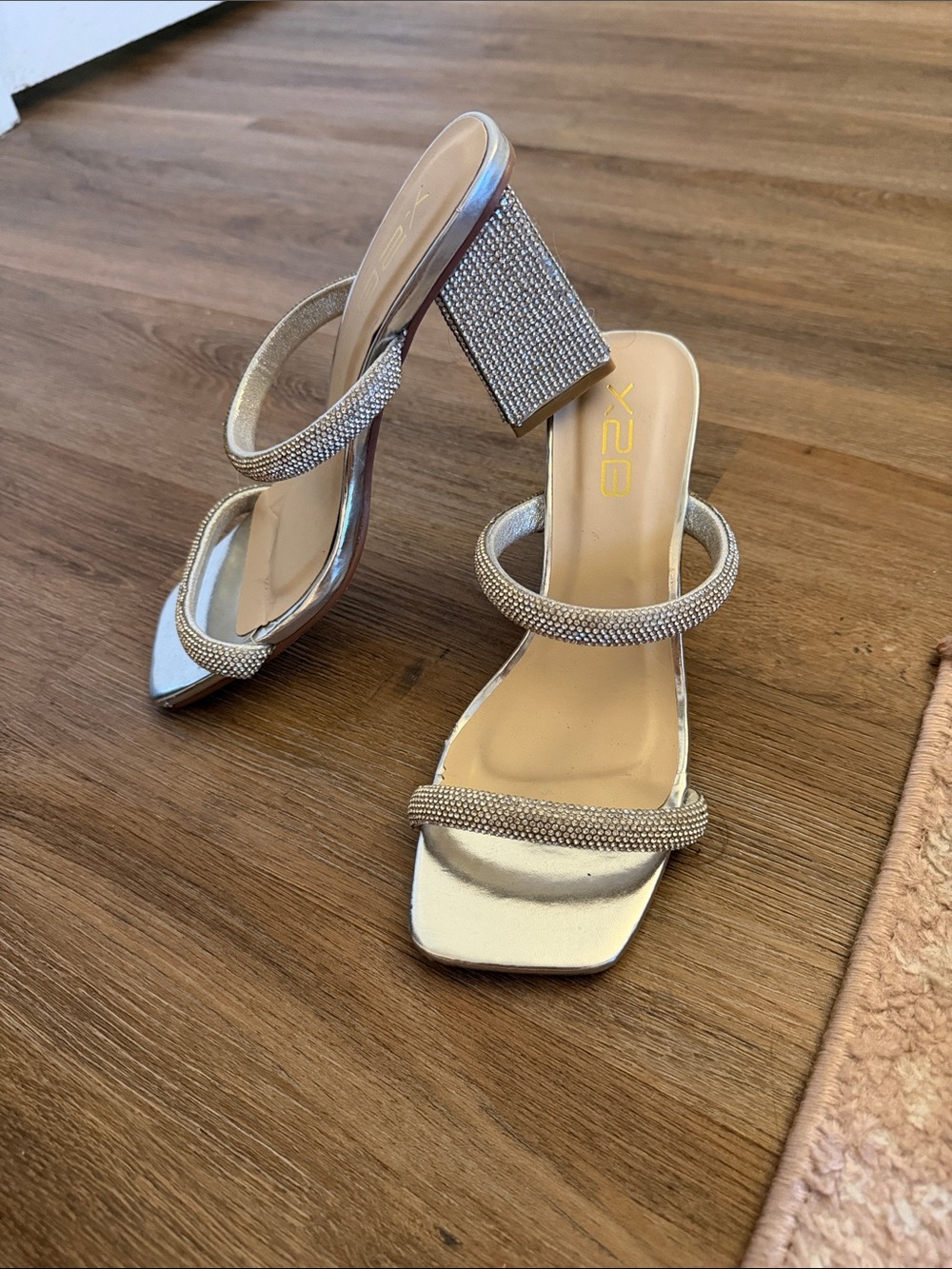 X2E Silver Rhinestone Double-Strap Block Heel Sandals